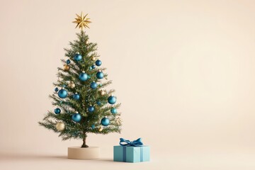 Wall Mural - Elegant Christmas Tree Decorated with Blue Ornaments and Gift Box on Pale Background for Festive Holiday Celebration Concept