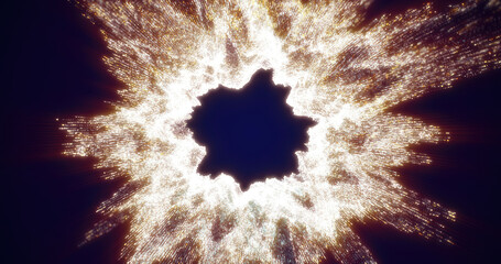 Wall Mural - Radiant white and gold burst of light particles spreading outward, creating a warm and luminous energy aesthetic against a dark backdrop