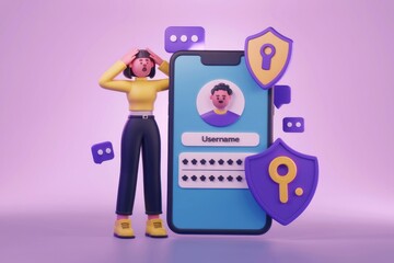 Poster - Worried woman facing smartphone login screen with password and security shield icons.