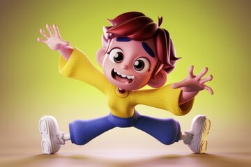 Poster - A cheerful cartoon boy with freckles joyfully leaps and waves, radiating happiness.