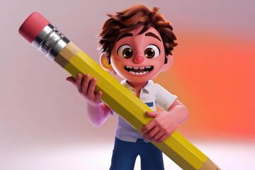 Poster - A cheerful cartoon boy happily holds a giant yellow pencil, ready to create.