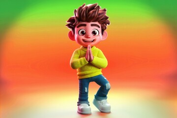 Poster - A cheerful 3D cartoon boy, standing in a yoga pose with hands pressed together, against a vibrant gradient background.