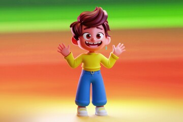 Poster - A cheerful 3D cartoon boy with brown hair, wearing a yellow shirt and blue pants, welcomes joyfully.