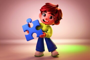 Poster - A happy cartoon boy proudly holds a large blue jigsaw puzzle piece.