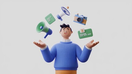 Aufkleber - A 3D cartoon man juggles marketing tools like megaphones, camera, and cards, symbolizing content creation and promotion.