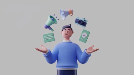 Poster - A 3D cartoon man juggling marketing tools like megaphones, cameras, and notes, symbolizing content creation and promotion.