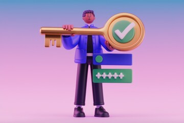 Fototapete - 3D cartoon character holding a large golden key with a checkmark, symbolizing secure access and password protection.