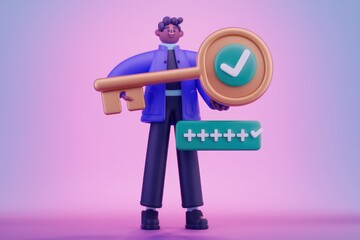 Poster - 3D illustration of a person holding a large key with a checkmark, symbolizing successful login or access.