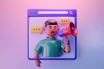 Aufkleber - 3D cartoon character announces message through a megaphone on a website.