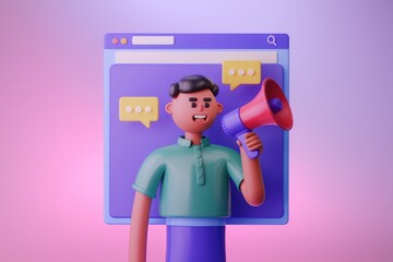 Poster - 3D cartoon character announces news via megaphone on website interface.