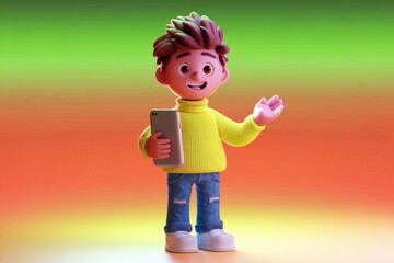 Poster - A cheerful 3D cartoon boy holds a tablet, gesturing welcomingly against a vibrant gradient background.