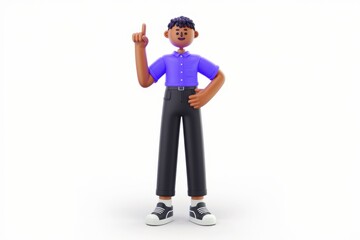 Poster - A 3D cartoon man with dark skin, wearing a purple shirt and black pants, points upwards with his index finger, suggesting an idea or a solution.