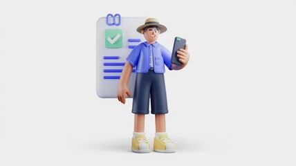 Leinwandbilder - 3D cartoon character reviewing checklist on his phone, happy and satisfied.