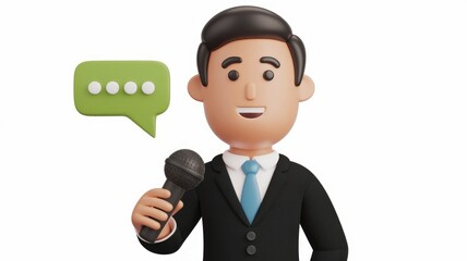 Leinwandbilder - A 3D cartoon businessman speaks into a microphone with a speech bubble indicating communication.