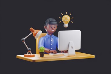 Fototapete - A 3D illustration of a person working on a computer, illuminated by a desk lamp, with a lightbulb symbolizing a new idea.