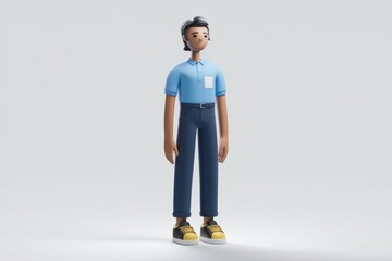 Poster - A 3D rendered cartoon man standing, wearing a blue polo shirt and navy pants.