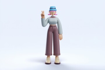 Poster - A 3D rendered cartoon girl wearing casual clothes, showing peace sign.