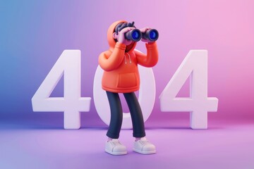 A 3D cartoon character searches for a solution to a 404 error using binoculars.