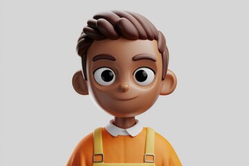 Poster - A cheerful 3D-rendered cartoon boy with dark skin and brown hair, wearing an orange shirt and yellow overalls.