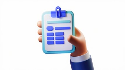 A 3D rendering of a hand holding a digital clipboard with empty form fields for data entry.