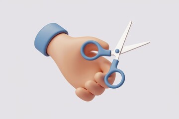 Leinwandbilder - A 3D cartoon hand holds a pair of blue-handled scissors, ready to cut.