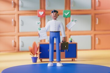 Fototapete - A 3D cartoon man holding documents and briefcase, symbolizing successful task completion and positive feedback.