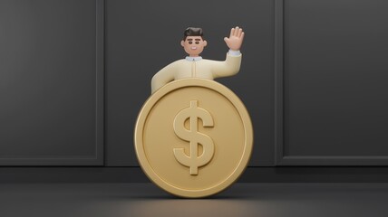 Aufkleber - A 3D cartoon man stands behind a large gold dollar coin, waving.