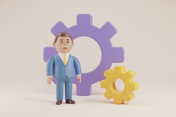 Poster - A 3D cartoon businessman stands beside large and small gears, symbolizing teamwork and mechanics.