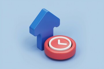 Poster - 3D render of blue upward arrow and red clock symbolizing time management and progress.