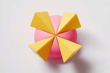 Leinwandbilder - Pink sphere surrounded by six yellow triangular pyramids, creating a geometric design.