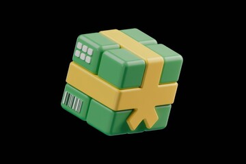 Fototapete - A 3D rendered image of a green gift box with a yellow ribbon, showing a barcode and grid pattern.