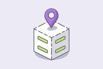Poster - A purple location pin sits atop a white cube representing a building or location.