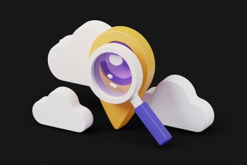 Fototapete - 3D render of a magnifying glass on a location pin surrounded by clouds, symbolizing cloud search.