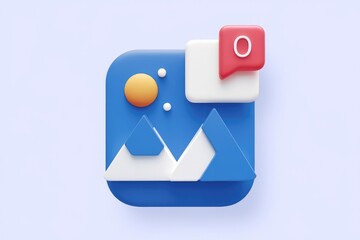 Aufkleber - 3D illustration of a photo app icon with a notification, depicting mountains and a sun.