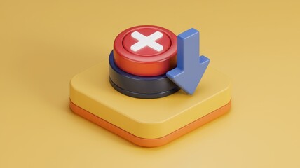 Fototapete - 3D render of a red button with a cross, a downward arrow suggesting rejection or deletion.