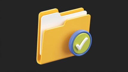 Leinwandbilder - 3D rendering of a yellow folder icon with a green checkmark, signifying file completion or approval.
