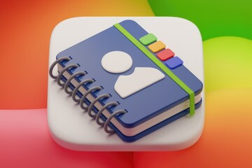 Fototapete - A 3D rendering of a spiral-bound notebook with a person icon, symbolizing a contact book or address book.