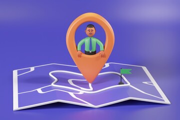 Poster - A 3D cartoon businessman stands inside a location marker on a map, indicating a destination or location.