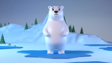 Poster - Adorable 3D rendered polar bear standing on ice, snowy winter landscape.