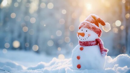 Wall Mural - A snowman wearing a red hat and scarf, standing in the snow with a sunlit winter background and bokeh effect. Concept of winter and holiday cheer featuring a snowman.