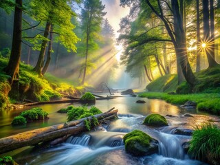 Wall Mural - Misty Morning River Flowing Through Lush Green Forest with Fallen Logs on the Banks Creating a Serene Urban Exploration Scene in Nature's Embrace