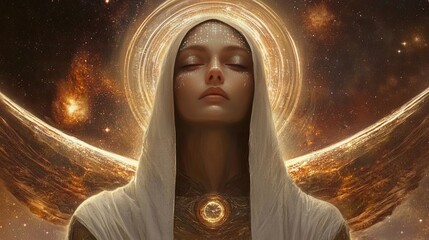 Wall Mural - Celestial Guardian Enveloped in Cosmic Light and Ethereal Wings Transcending Reality