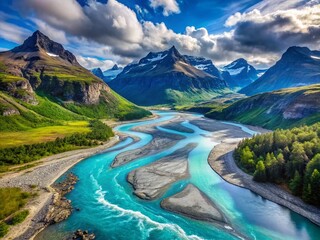 Canvas Print - Panoramic View of a Blue Sediment Glacial River Flowing Through the Norwegian Glacier National Park Highlighting Majestic Glaciers and Stunning Natural Landscapes