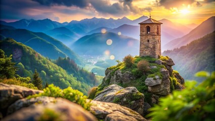 Canvas Print - Serene Ancient Stone Tower Overlooking Majestic Mountain Landscape with Bokeh Effect for a Dreamy Nature Scene