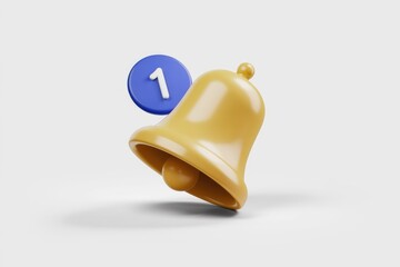 Leinwandbilder - A 3D render of a yellow bell with a blue notification badge indicating one new notification.