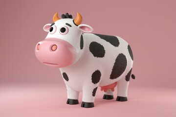 Poster - Cute cartoon cow with pink nose and black spots, standing on a pink background.