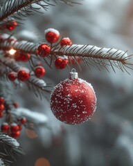 Wall Mural - Close up of festive christmas decorations adorning a beautifully decorated christmas tree