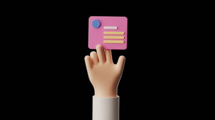 Aufkleber - A 3D rendered hand interacts with a pink card; showcasing digital interaction and UI design.