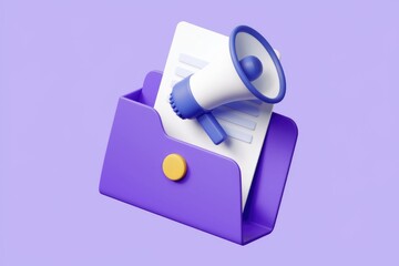 Aufkleber - 3D render of a megaphone on a document in a purple folder, symbolizing important announcement or marketing.