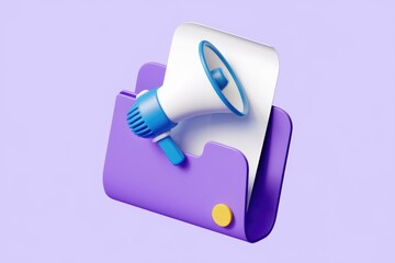 Aufkleber - A 3D rendering of a purple folder with a megaphone and white paper, symbolizing marketing and announcement.